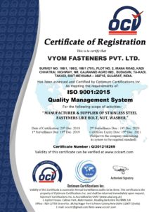 Vyom Fasteners an ISO 9001:2015 certified company